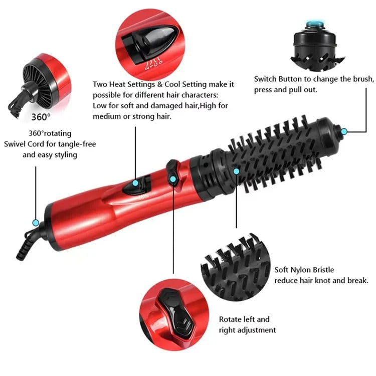 Hair Dryer with Rotating Feature - Volume & Curls - Interchangeable Brushes