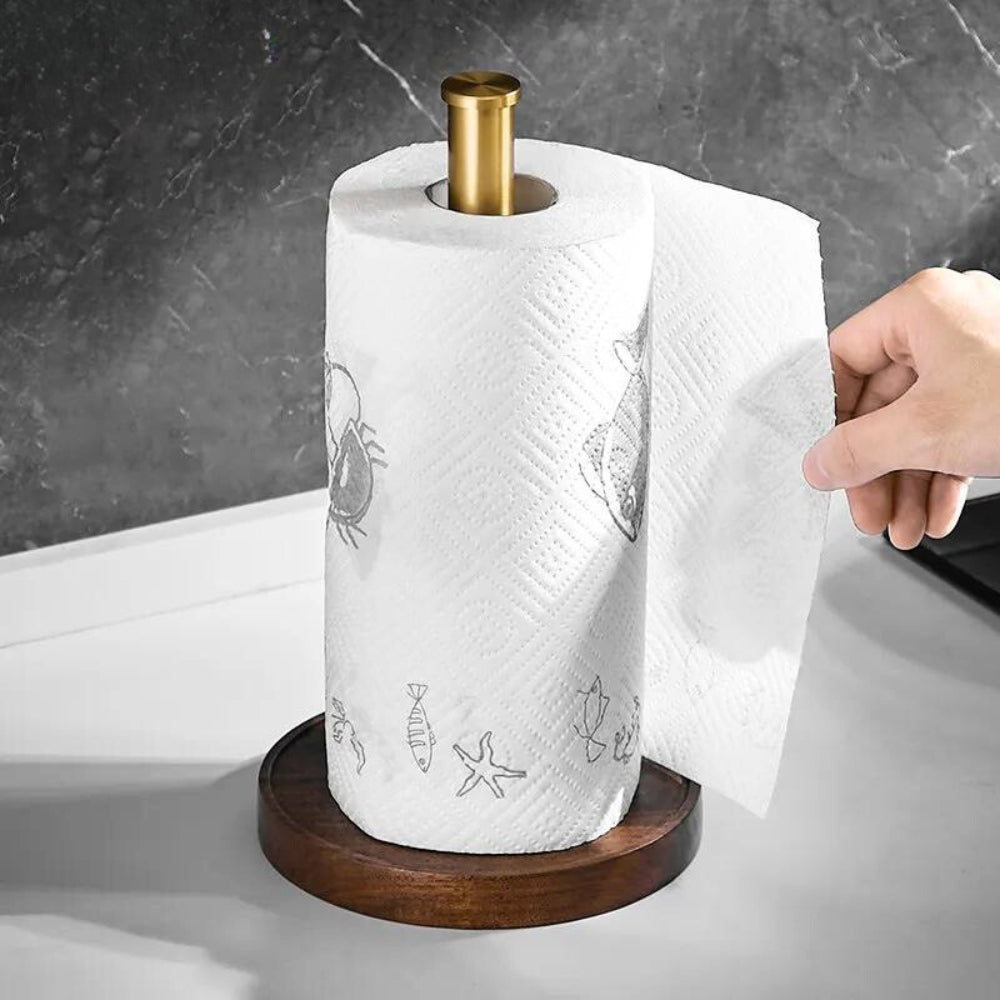 Elegant Paper Towel Stand with Walnut Base and Steel Rod