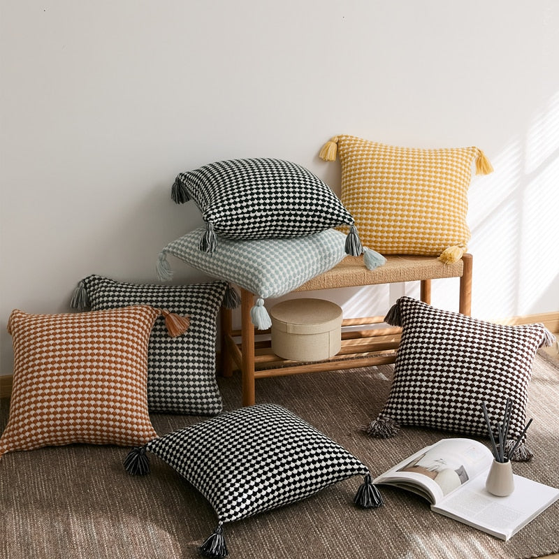 Textured Herringbone Throw Pillow Cover with Tassels