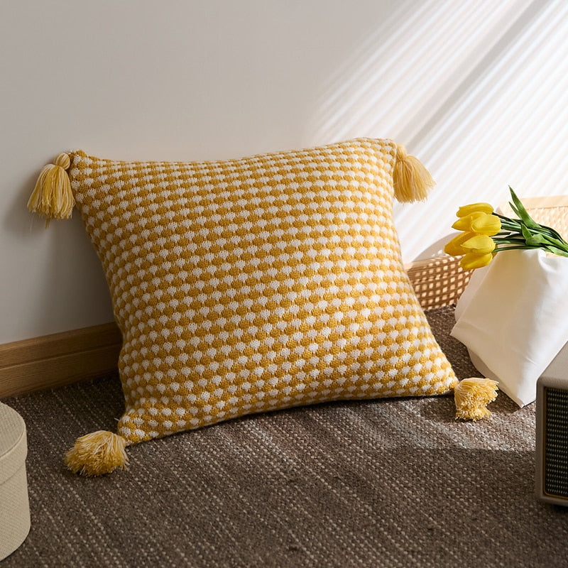 Textured Herringbone Throw Pillow Cover with Tassels
