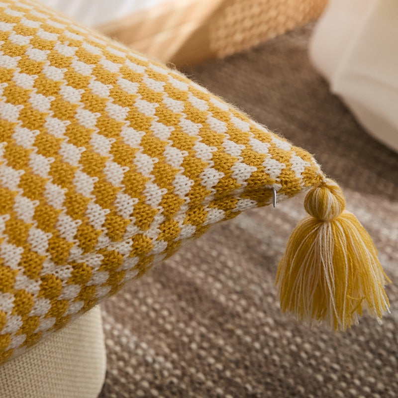 Textured Herringbone Throw Pillow Cover with Tassels