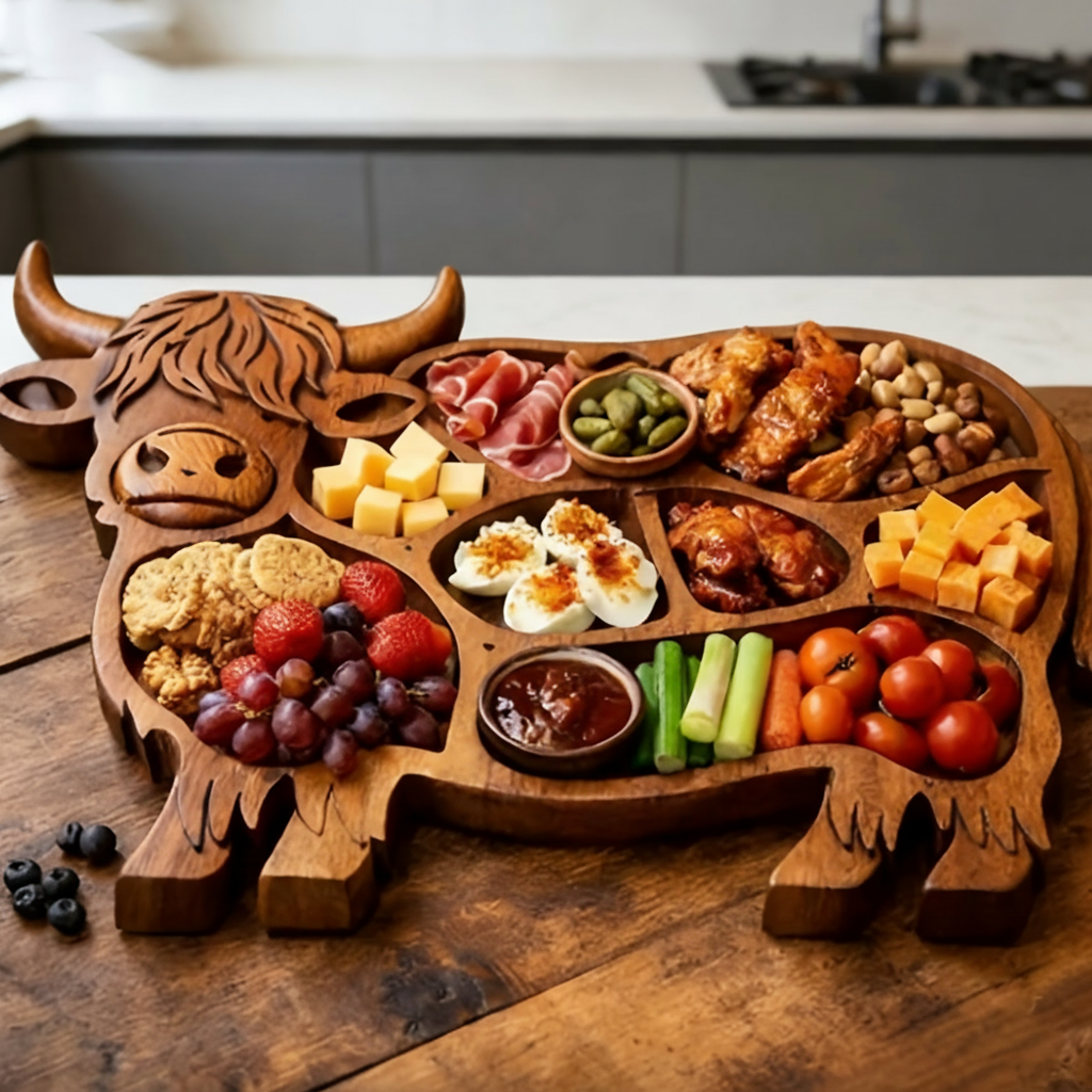 Rustic Delight - Artisan Cow-Shaped Wooden Serving Board