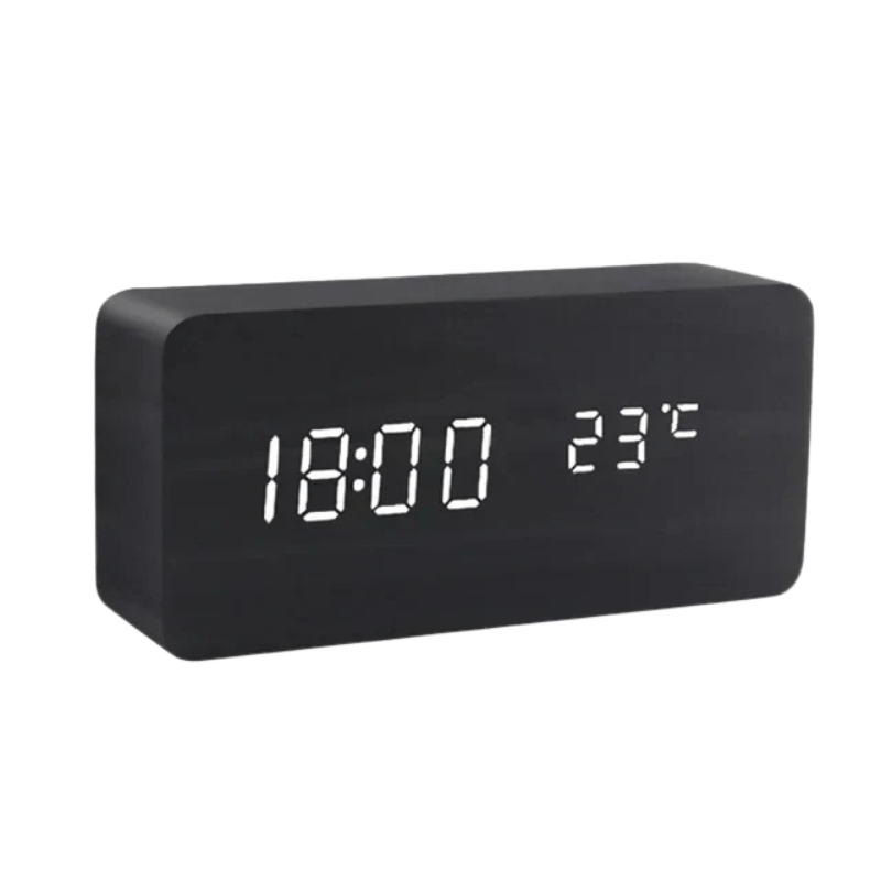Wooden LED Desk Clock with Voice Control and Temperature Display