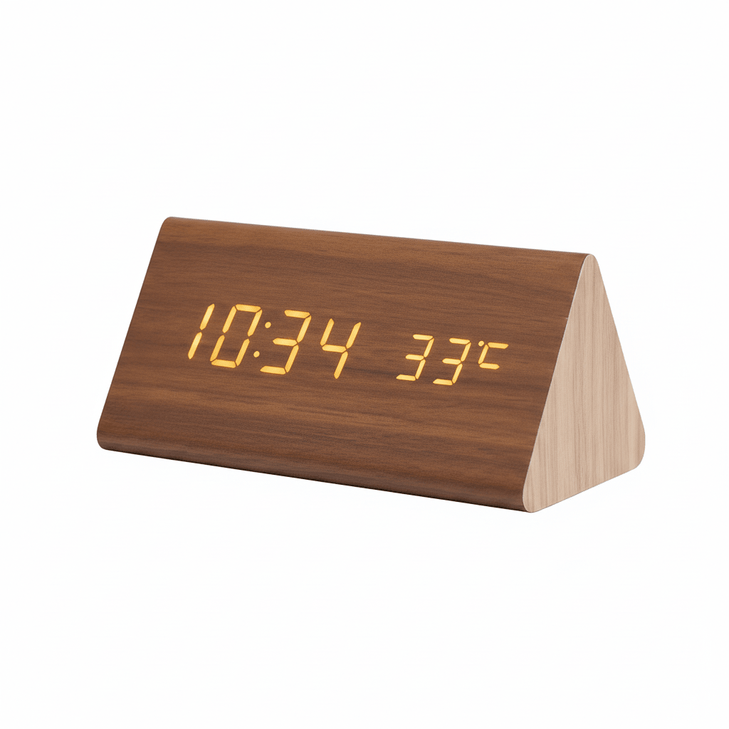 Wooden LED Desk Clock with Voice Control and Temperature Display