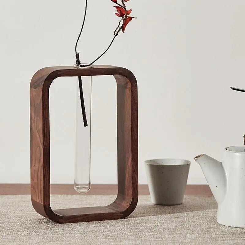 Elegant Glass Tube Planter with Rustic Wood Stand