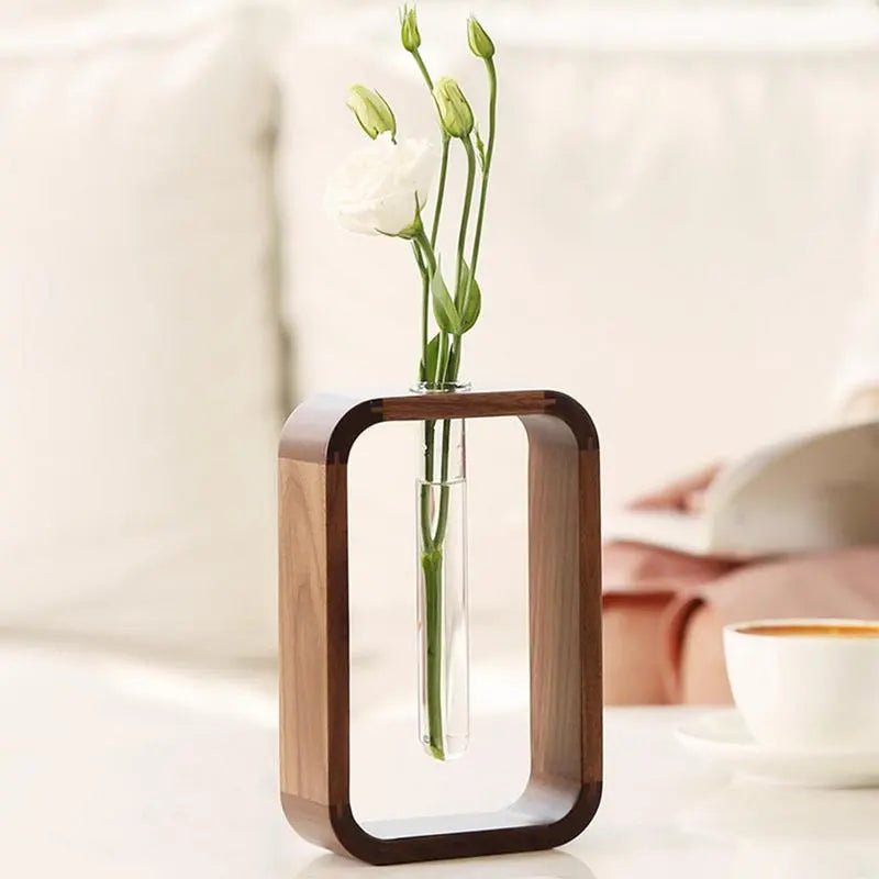 Elegant Glass Tube Planter with Rustic Wood Stand