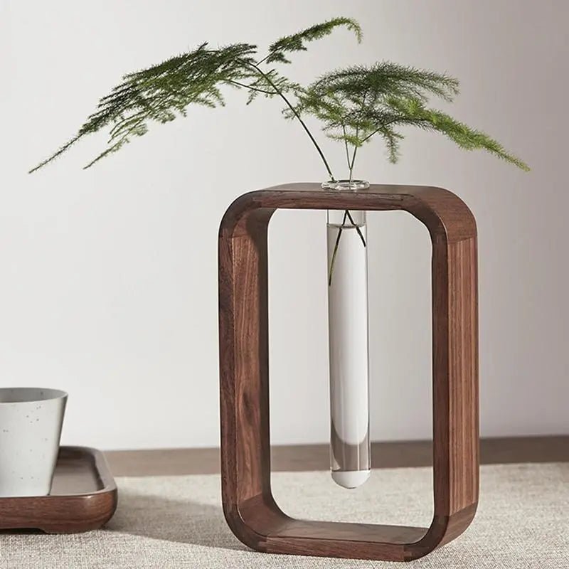 Elegant Glass Tube Planter with Rustic Wood Stand