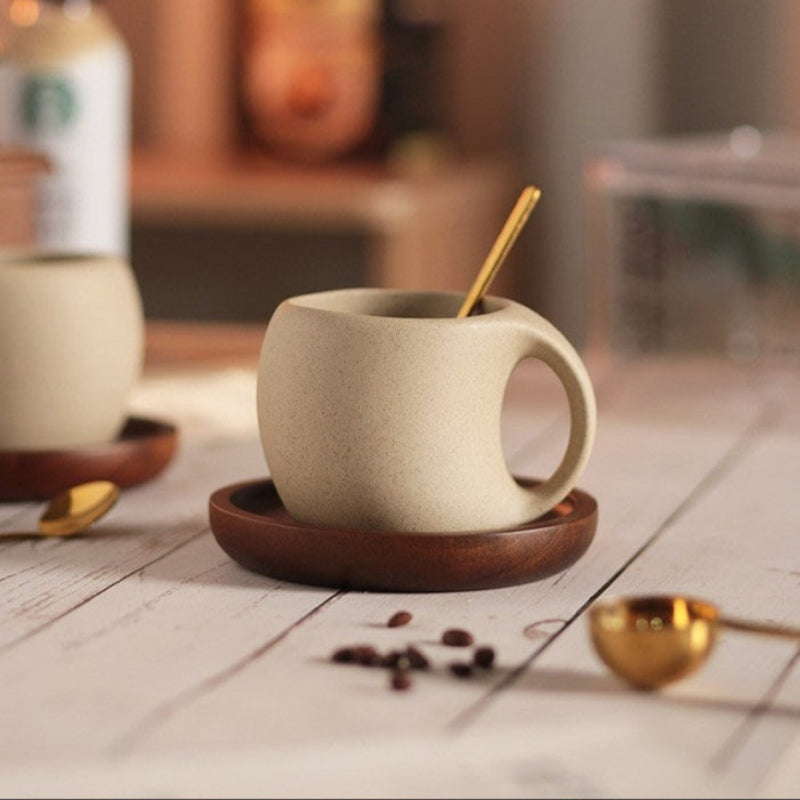 Elegant Ceramic Coffee Cup Set with Wooden Coaster and Spoon - 8.5 oz