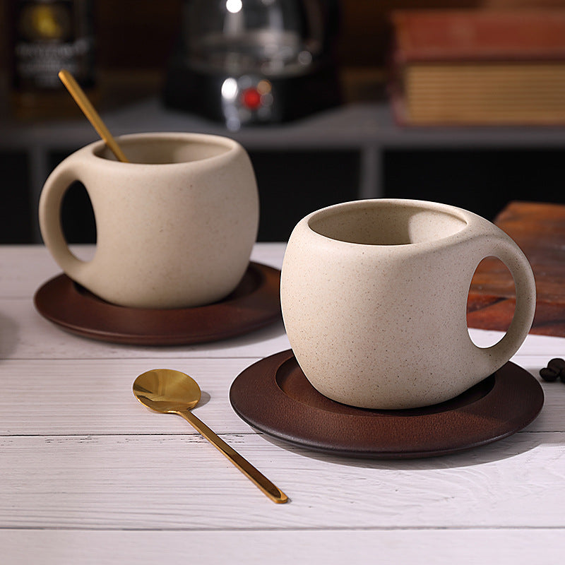 Elegant Ceramic Coffee Cup Set with Wooden Coaster and Spoon - 8.5 oz