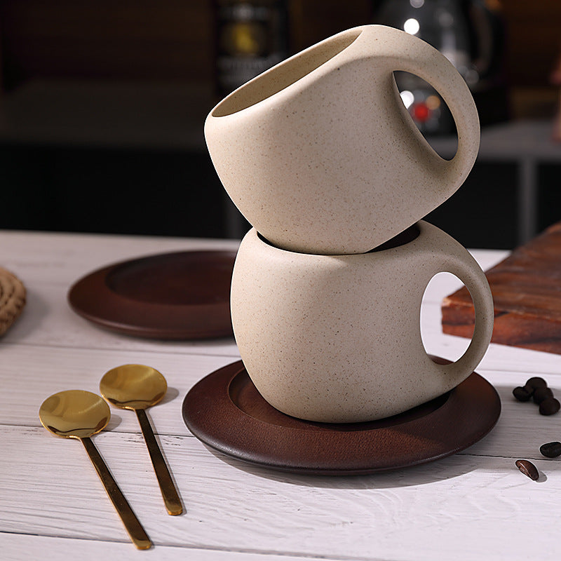 Elegant Ceramic Coffee Cup Set with Wooden Coaster and Spoon - 8.5 oz