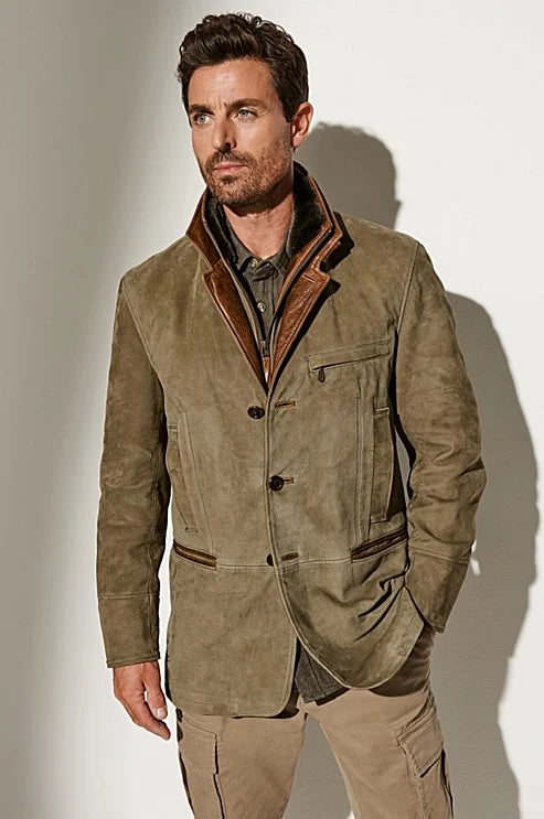 Men's Classic Suede Jacket with Leather Trim - Slim Fit Style