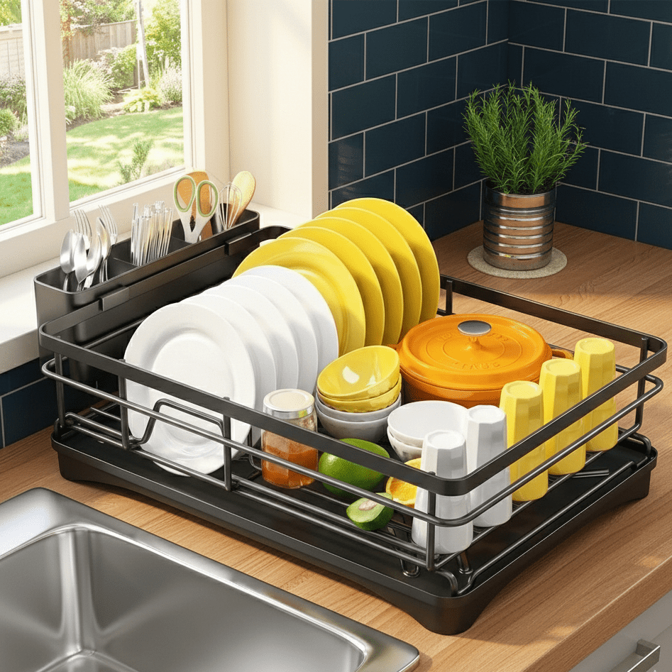 Large Dish Drying Rack with Built-in Drip Tray for Effective Drying