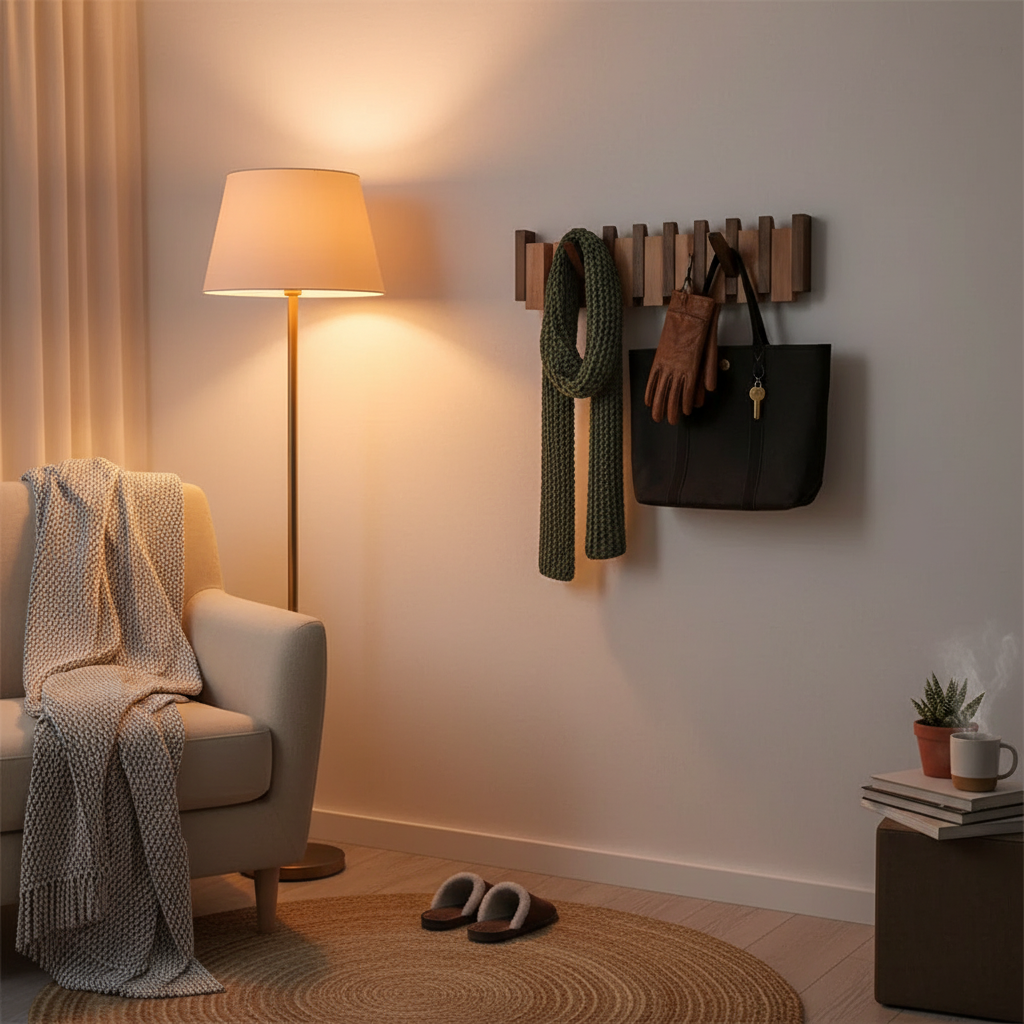 Wooden Piano Coat Rack | Solid Walnut & Maple | 8 Hooks Wall Mounted