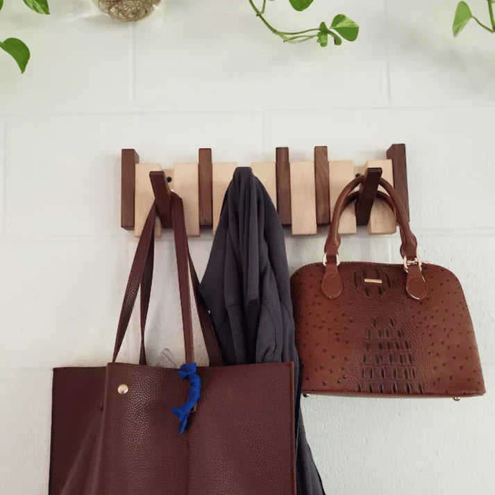 Wooden Piano Coat Rack | Solid Walnut & Maple | 8 Hooks Wall Mounted
