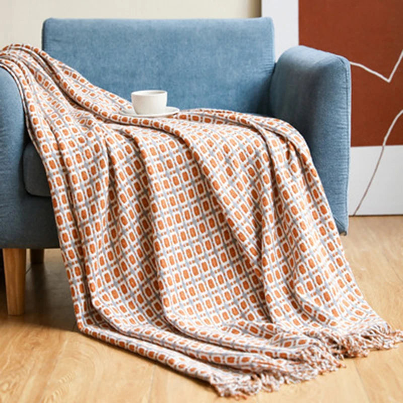 Stylish Knit Throw Blanket with Geometric Design and Fringes