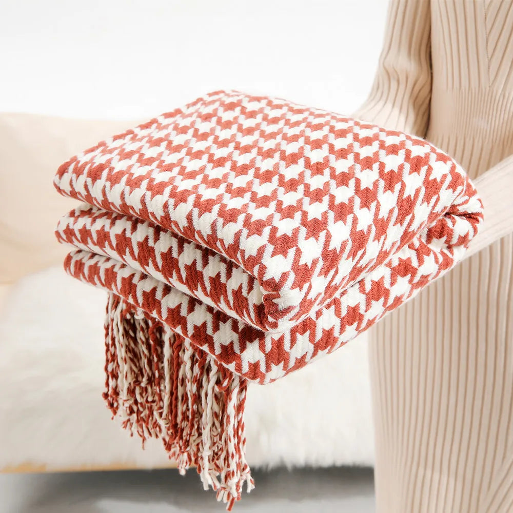 Stylish Knit Throw Blanket with Geometric Design and Fringes