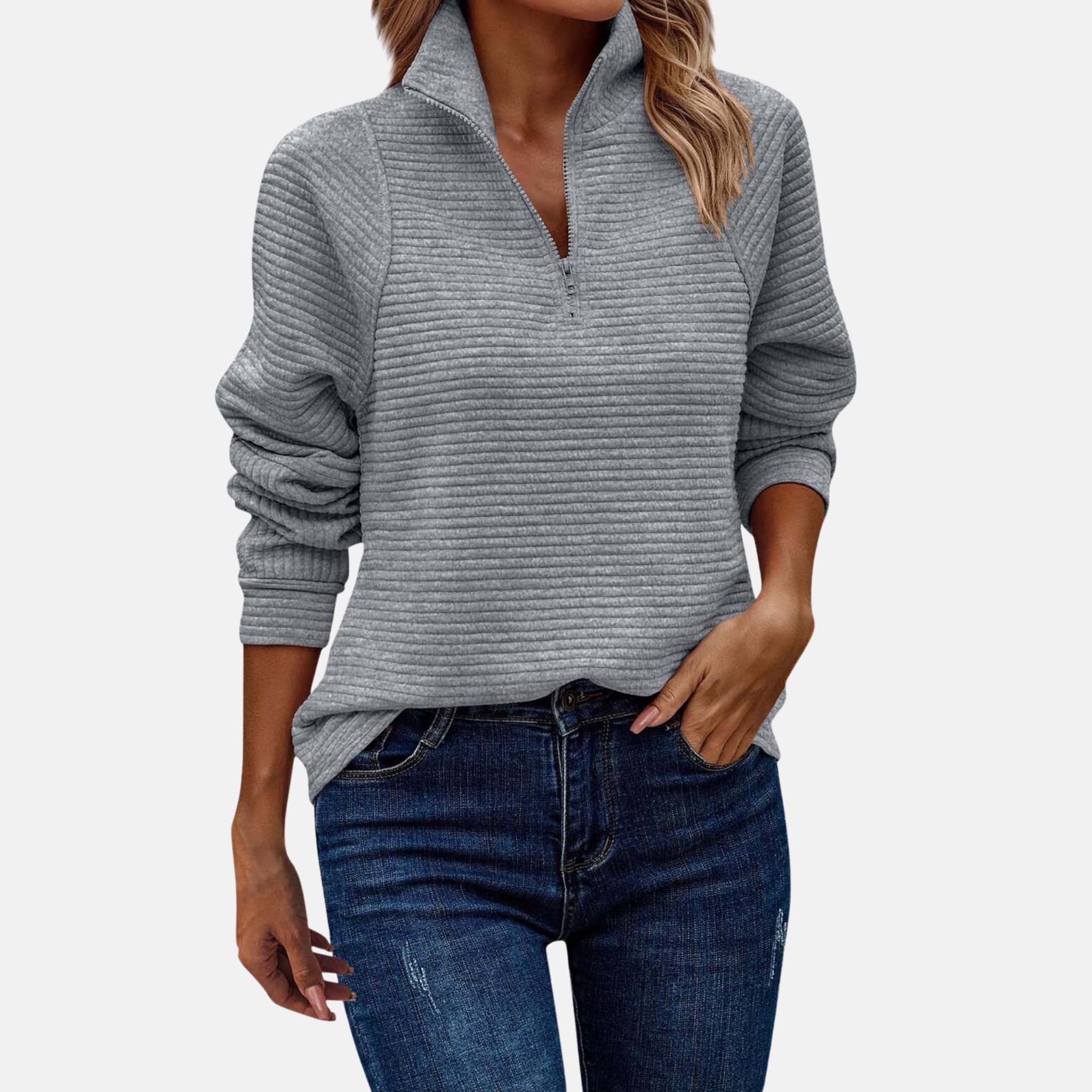 Women's Zip Sweater in Ribbed Knit Design