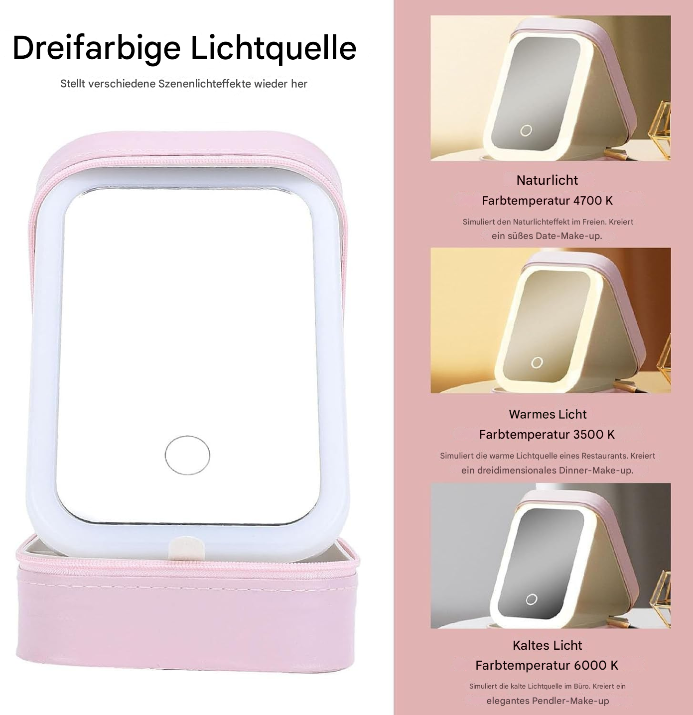LED Makeup Mirror Case | 3 Light Modes | Organizer & Travel Pouch | Touch Control