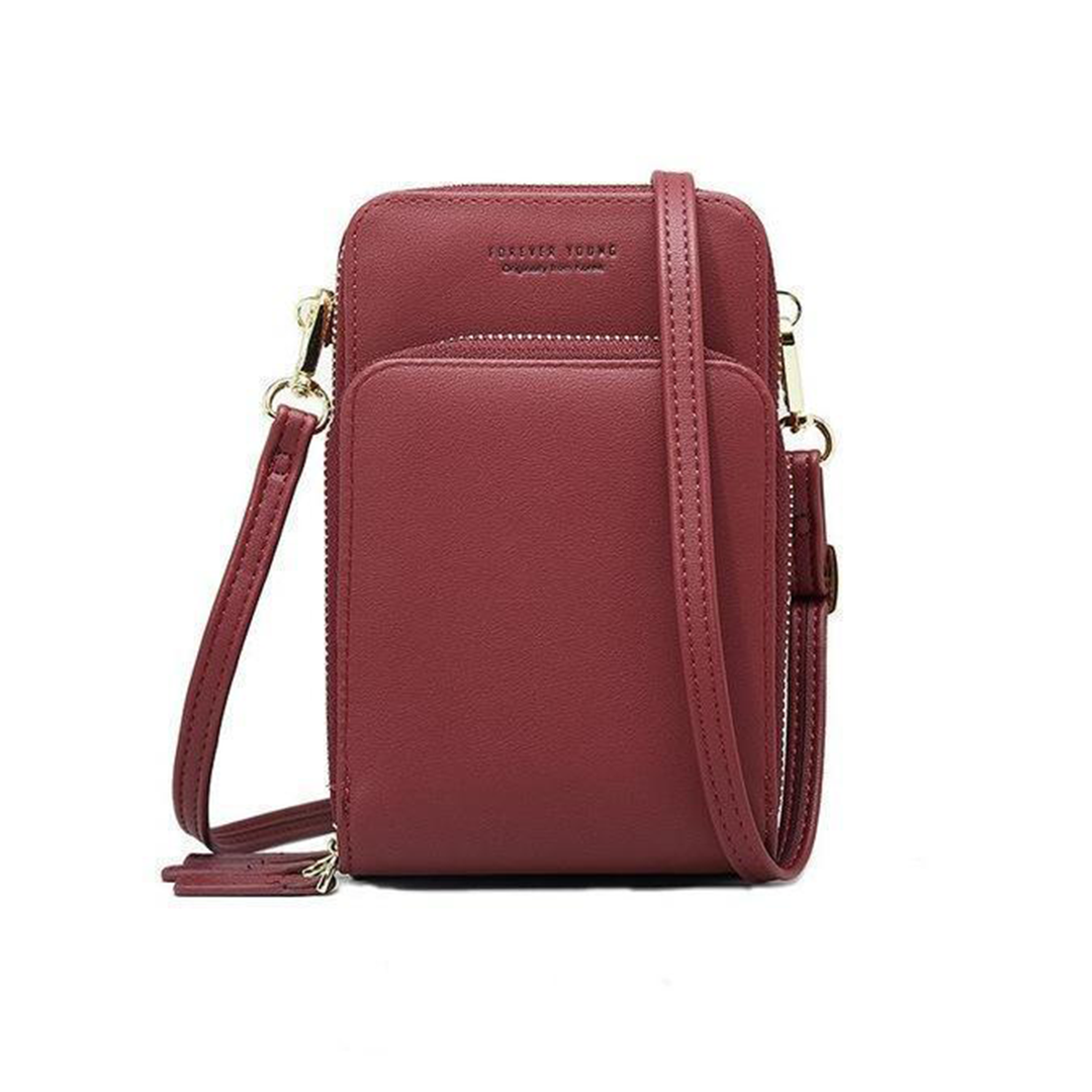 Chic Leather Phone Clutch with Safety Features and Adjustable Strap