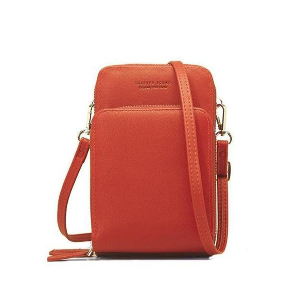 Chic Leather Phone Clutch with Safety Features and Adjustable Strap