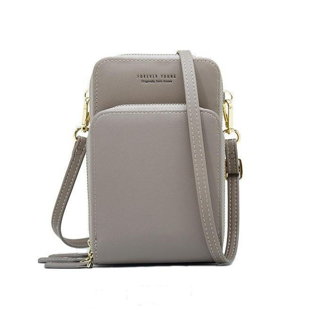 Chic Leather Phone Clutch with Safety Features and Adjustable Strap