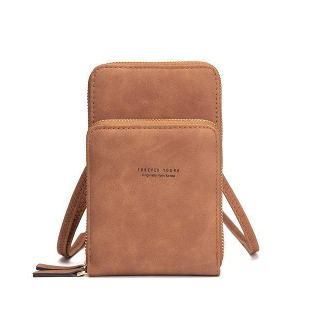 Chic Leather Phone Clutch with Safety Features and Adjustable Strap
