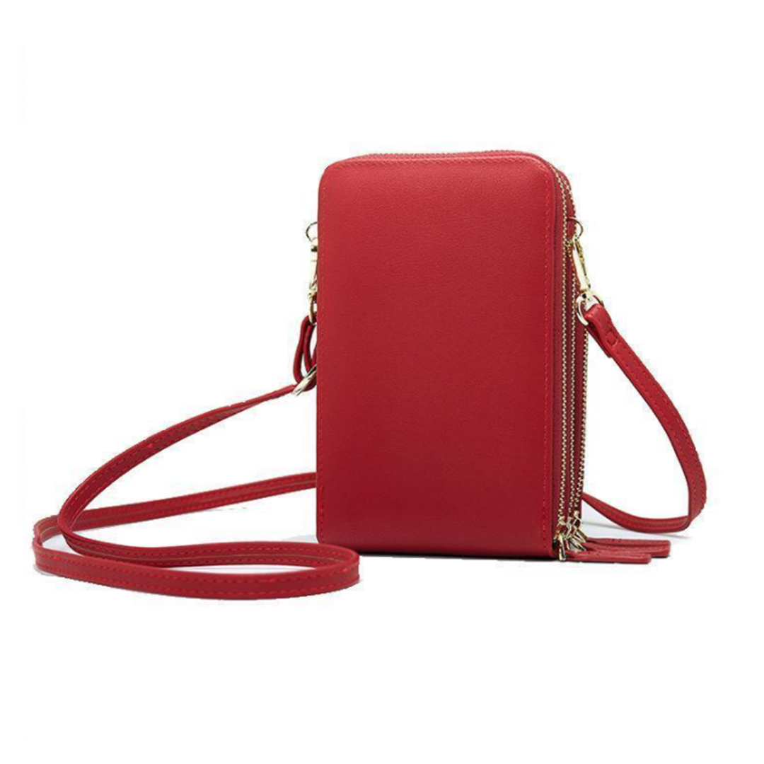 Chic Leather Phone Clutch with Safety Features and Adjustable Strap