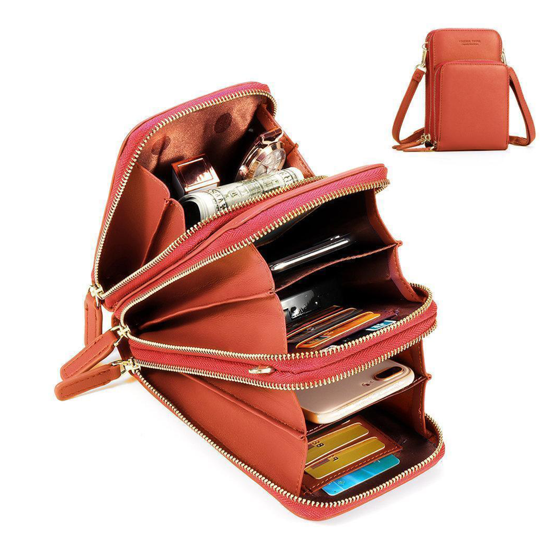 Chic Leather Phone Clutch with Safety Features and Adjustable Strap