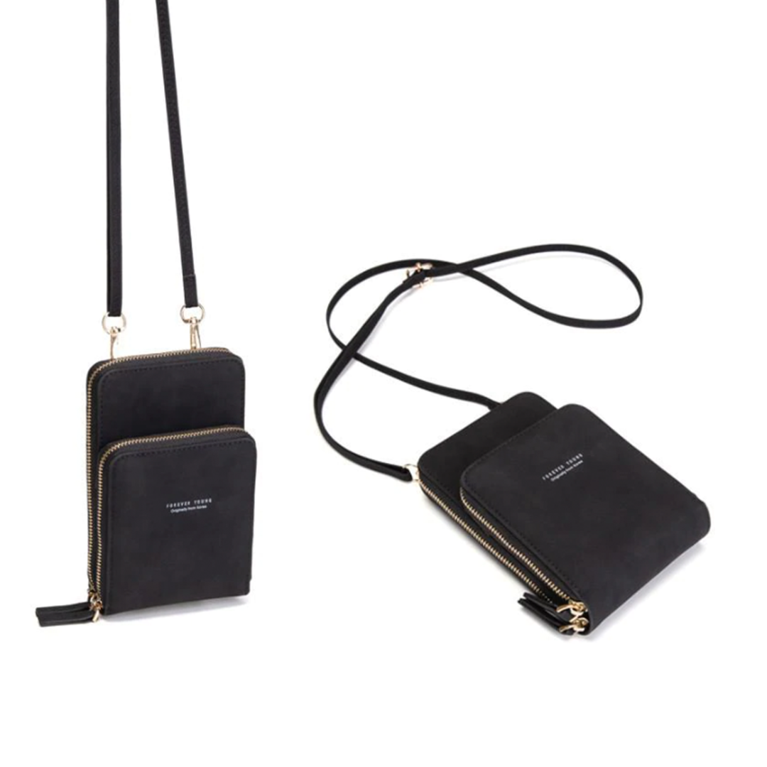 Chic Leather Phone Clutch with Safety Features and Adjustable Strap