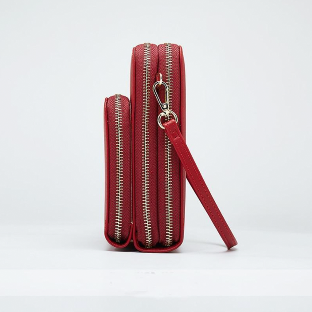 Chic Leather Phone Clutch with Safety Features and Adjustable Strap