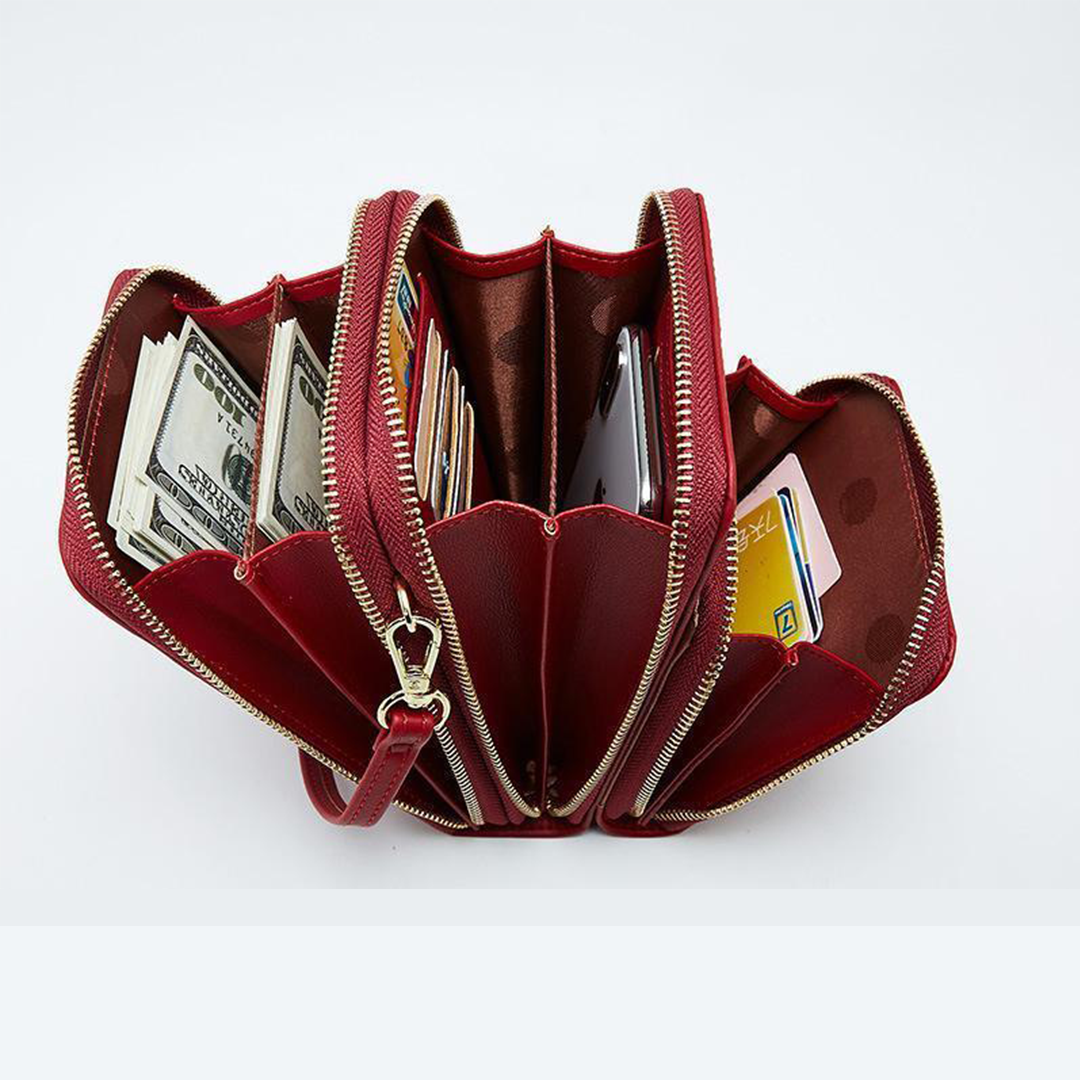 Chic Leather Phone Clutch with Safety Features and Adjustable Strap