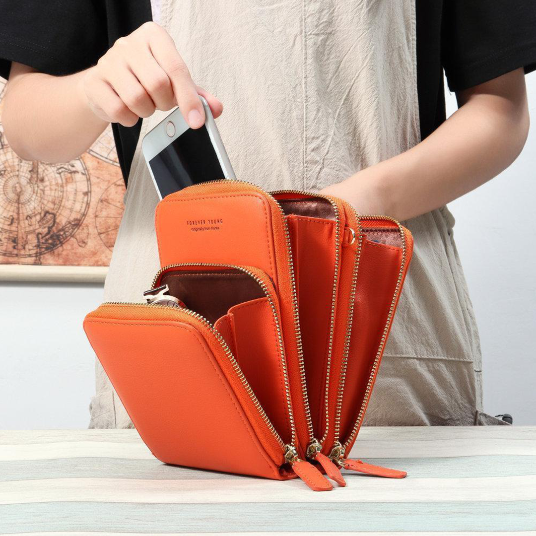 Chic Leather Phone Clutch with Safety Features and Adjustable Strap