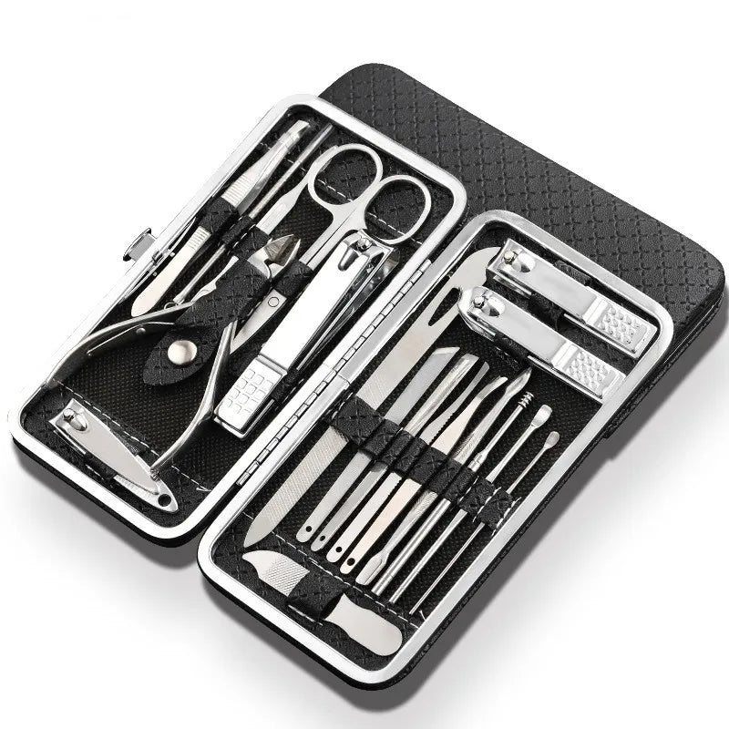 Essential 19-Piece Stainless Steel Nail Care Set with Travel Case