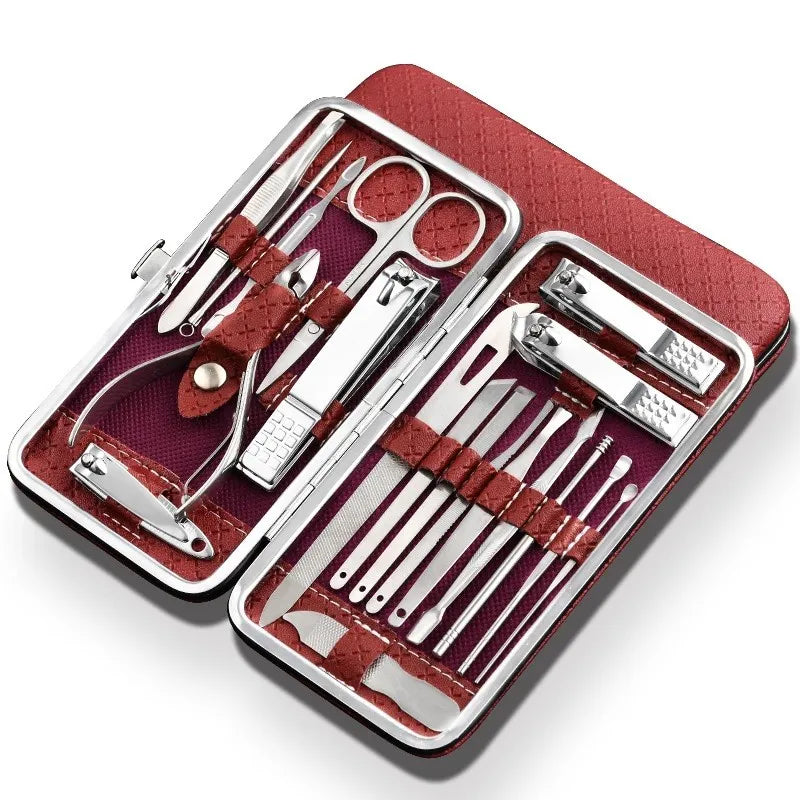 Essential 19-Piece Stainless Steel Nail Care Set with Travel Case