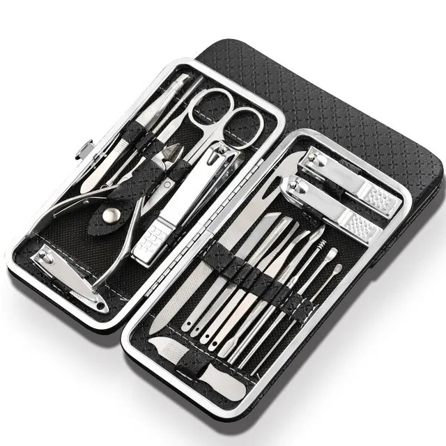 Essential 19-Piece Stainless Steel Nail Care Set with Travel Case