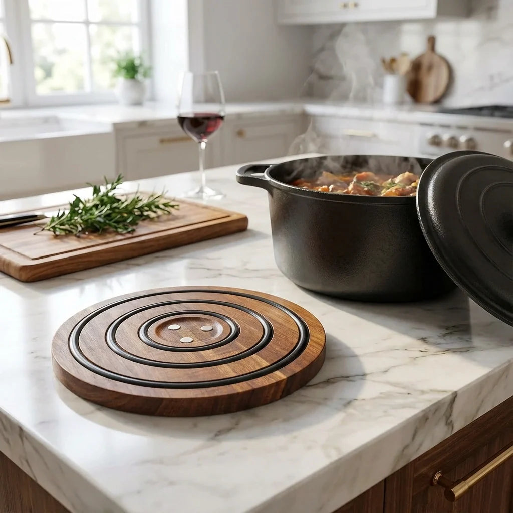Magnetic Heat Shield Trivet with Silicone Grip - Acacia Wood