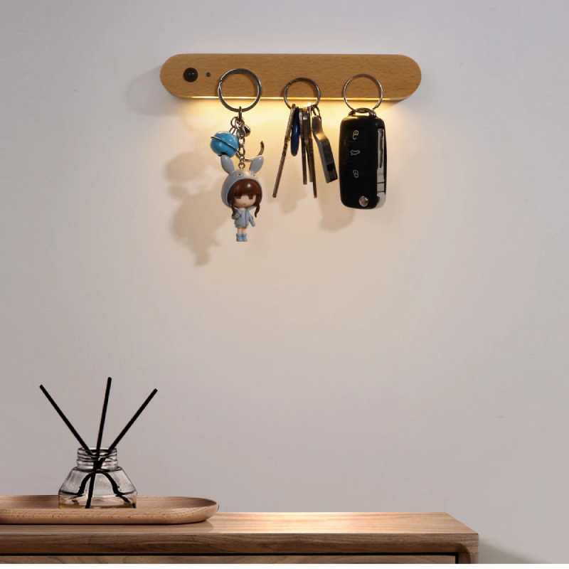 Illuminated Wooden Key Organizer with Motion Sensor Light