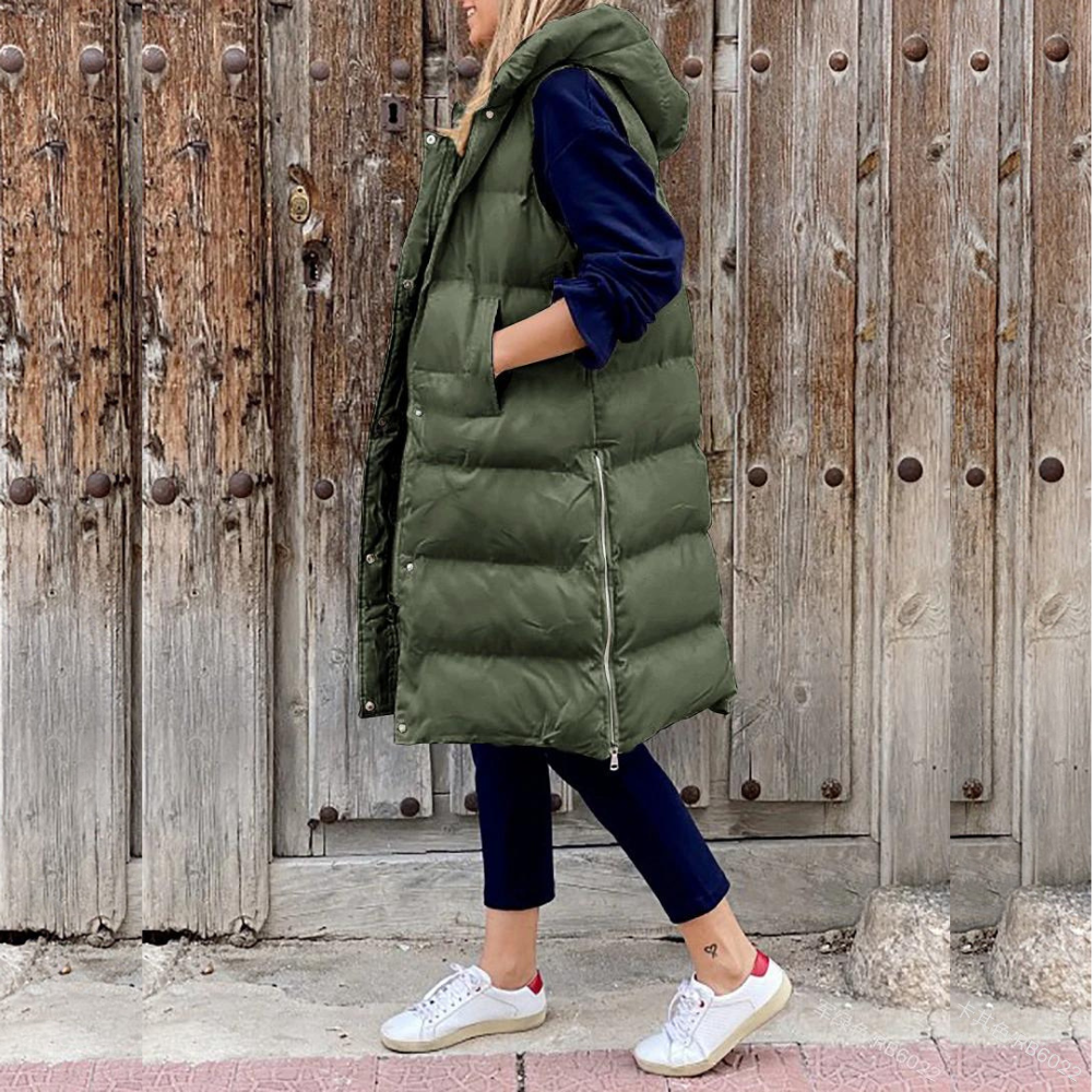 Cotton Hooded Vest Coat in Long Sleeveless Style - Maple
