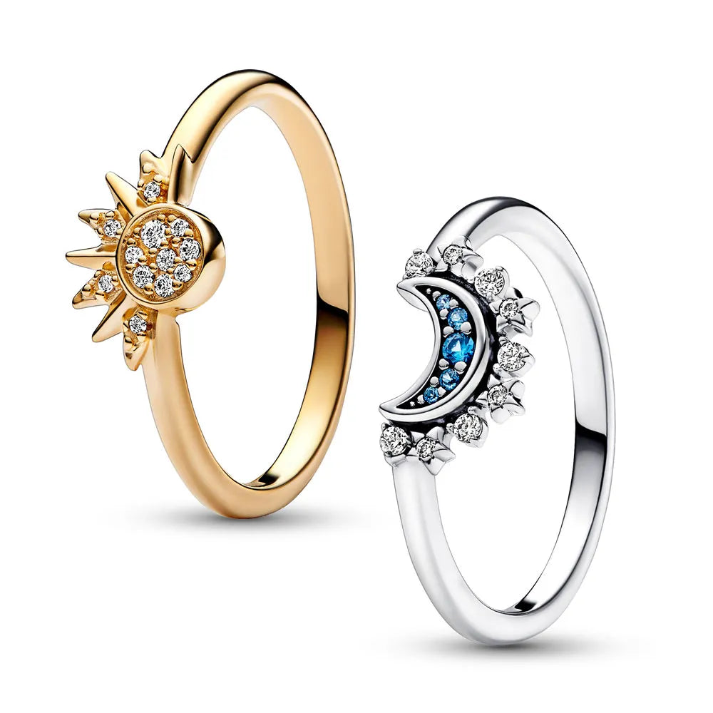 Celestial Harmony Crystal Ring with Sun and Moon Design