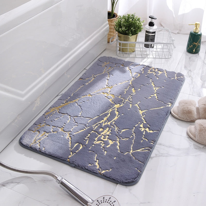 Chic Marble-Style Bath Rug with Elegant Gold Details