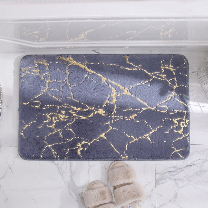 Chic Marble-Style Bath Rug with Elegant Gold Details