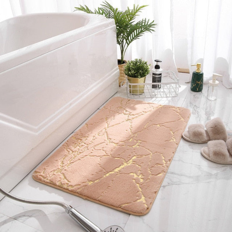Chic Marble-Style Bath Rug with Elegant Gold Details