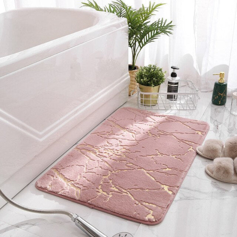 Chic Marble-Style Bath Rug with Elegant Gold Details