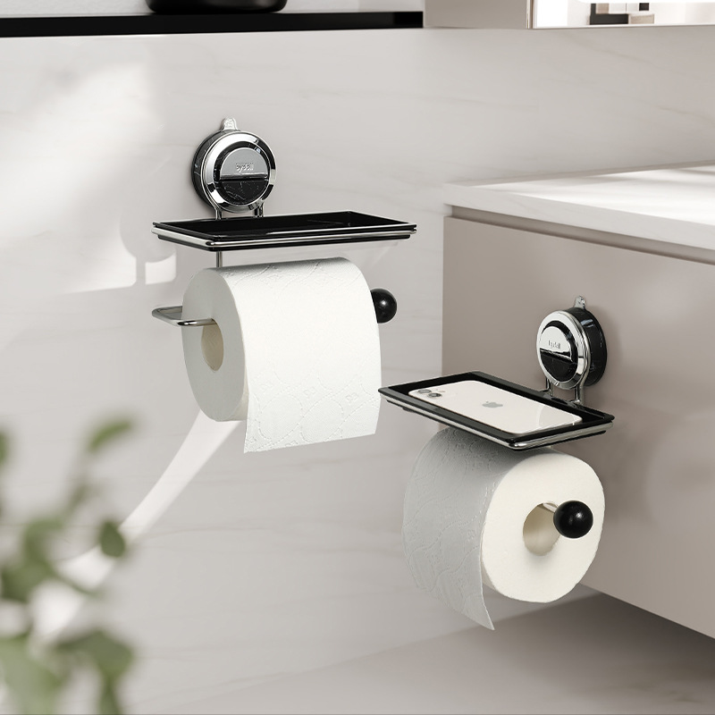 Suction-Based Toilet Paper Holder with Stylish Wood Finish