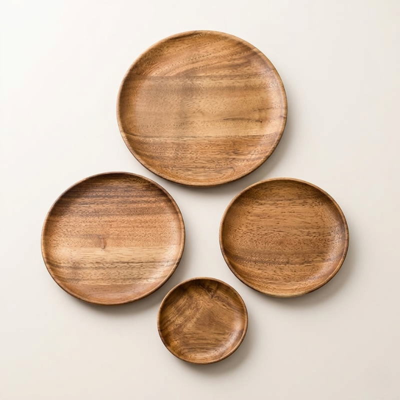 Natural Acacia Wood Serving Plate with Textured Design