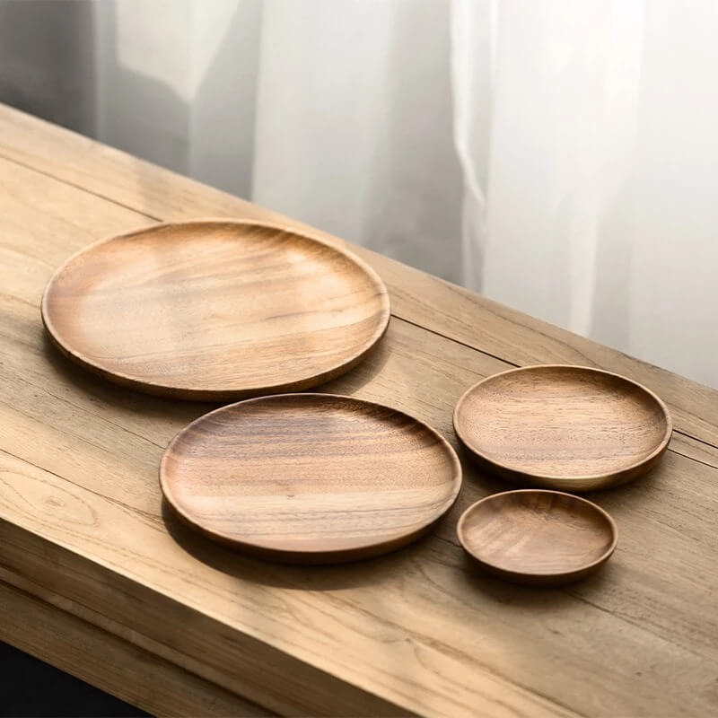 Natural Acacia Wood Serving Plate with Textured Design