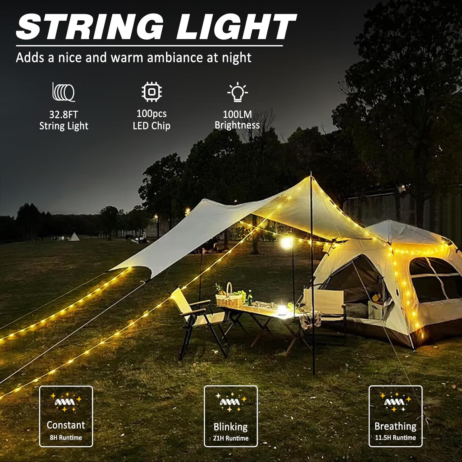 Versatile USB Rechargeable Outdoor String Lights - 10m Waterproof