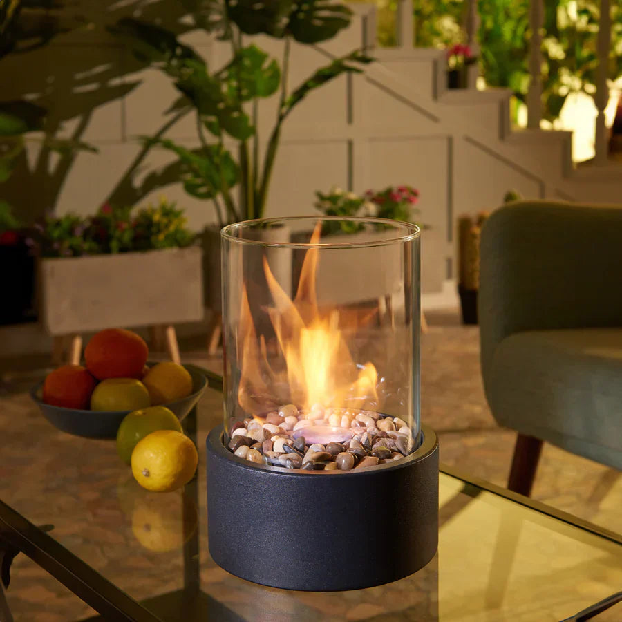 Elegant Glass-Cylinder Tabletop Ethanol Heater with Metal Stand