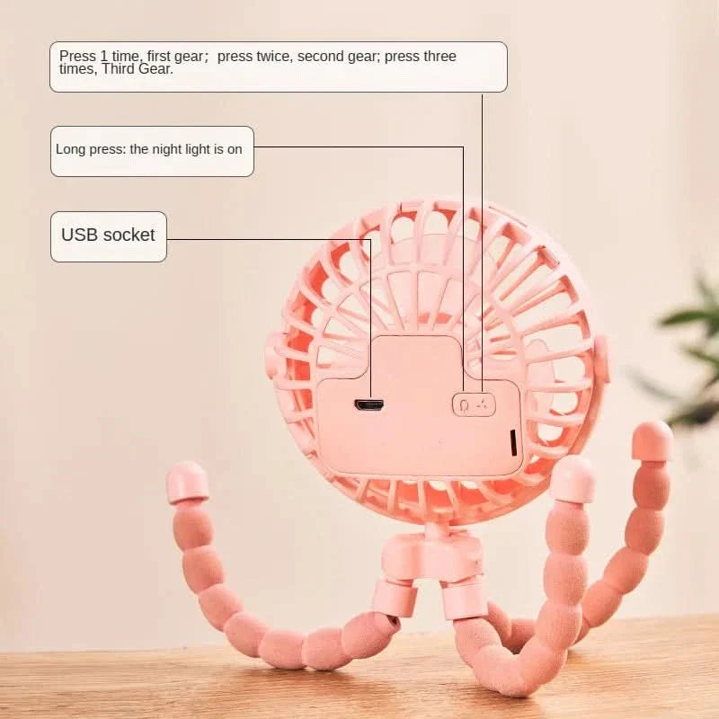Portable USB Rechargeable Fan with 3-Speed Airflow for Strollers