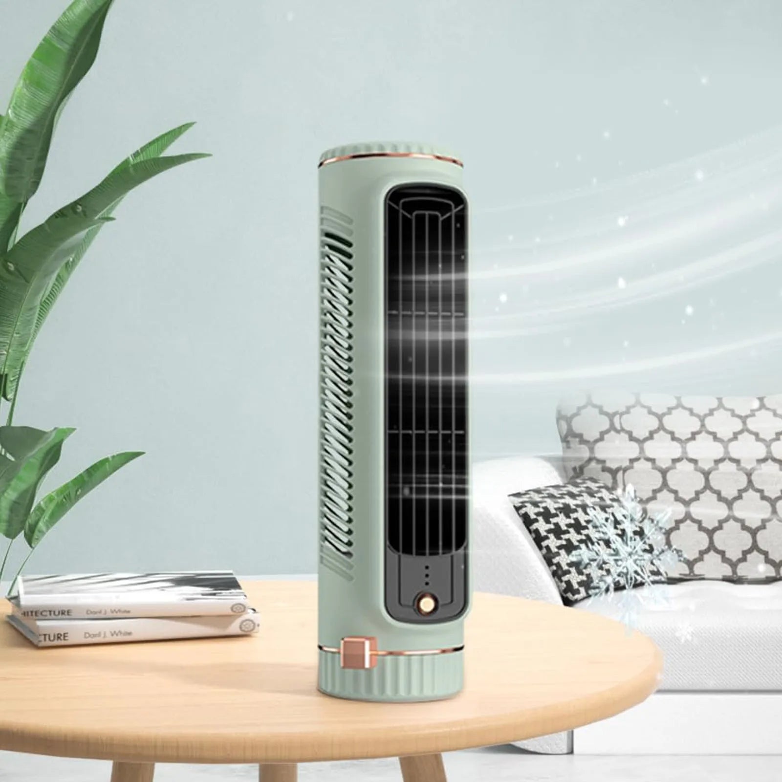 Compact Bladeless Tower Fan with 360° Airflow and Battery Power